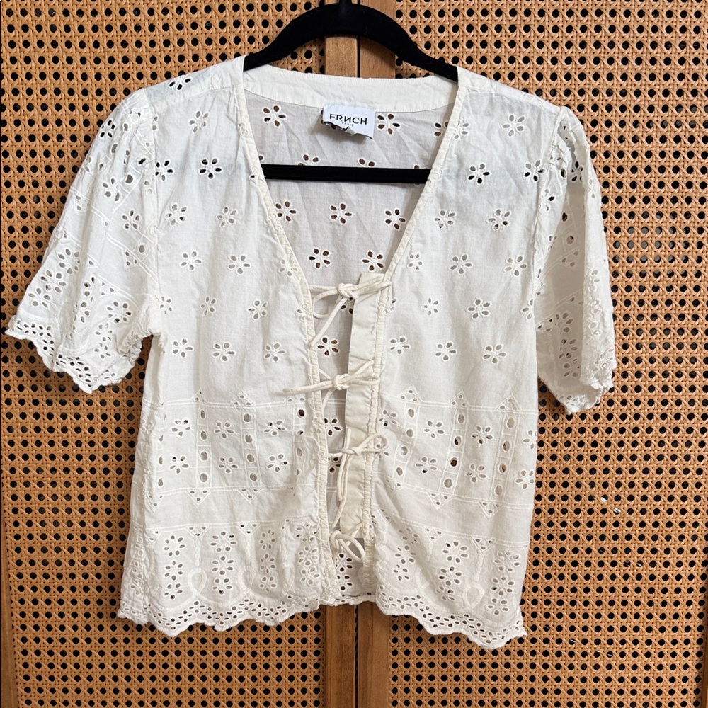 FRNCH Cream Eyelet Blouse with Tie Front